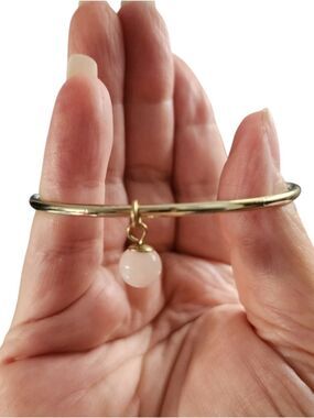 Gold Tone Bangle Bracelet Pink Stone Bead Charm